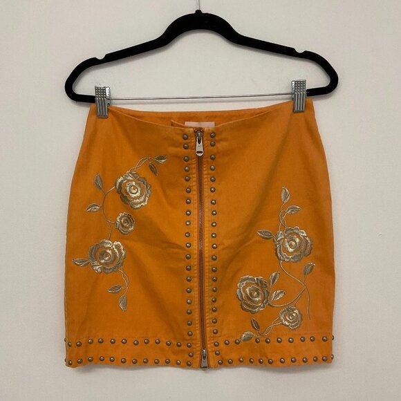 Cinq A Sept Floral Embroidered Studded Front Zip Mini Skirt Size 4 Orange - Picture 2 of 5